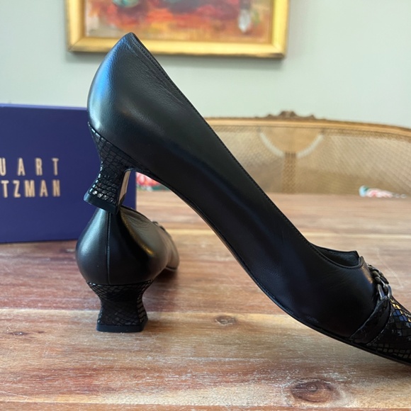 Stuart Weitzman Captiva block heels in Black Nappa Black Serpentine - Picture 4 of 5